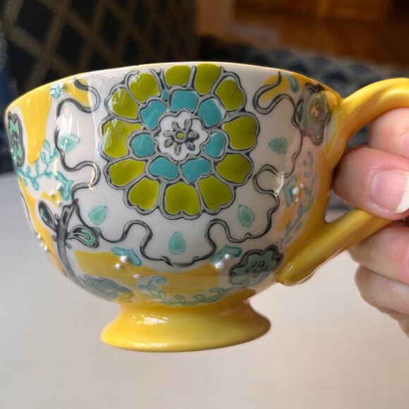 Anthropologie Elka Ayaka Footed Yellow Floral Mug Twisted Handle - Picture 12 of 14
